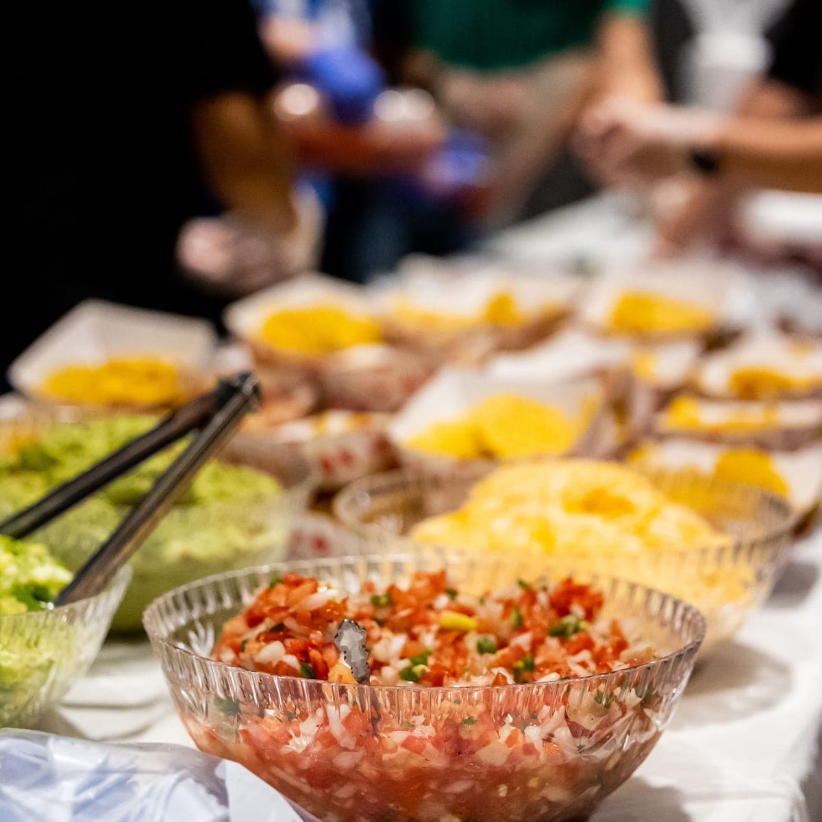 A catering line of pico, guacamole and fresh pineapple.