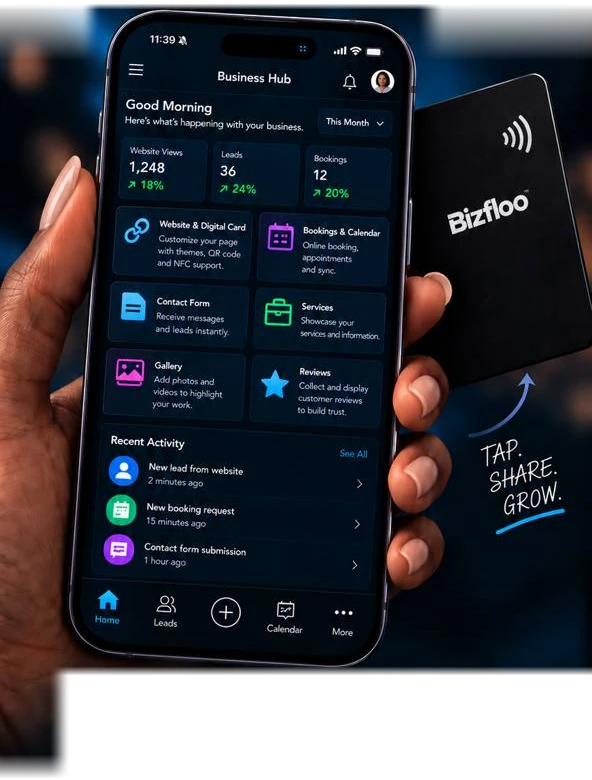 A phone showing the Bizfloo Business Hub, with a Bizfloo tap-to-share card behind it