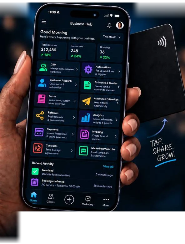 A phone showing the Bizfloo Business Hub with CRM, automations and more, with a tap-to-share card behind it