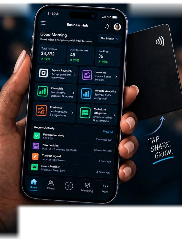 A phone showing the Bizfloo Business Hub, with a tap-to-share card behind it