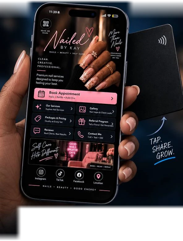 A phone showing a Bizfloo Link page, with a tap-to-share card behind it
